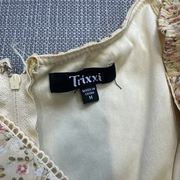 Trixxi Butter Yellow Floral Dress Medium Puff Sleeve Babydoll Sheer Overlay * - Picture 2 of 11